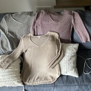 EUC Three (3) Tunic Sweaters Stretch Mesh-Like 3/4 Sleeve - Berry, Beige & Gray